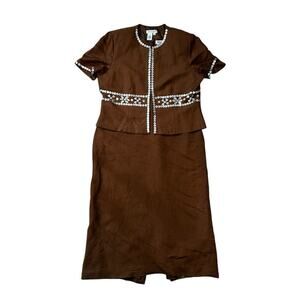Coldwater Creek 2 Pc Jacket Sheath Dress Jacket Linen Embellished Brown Size 16
